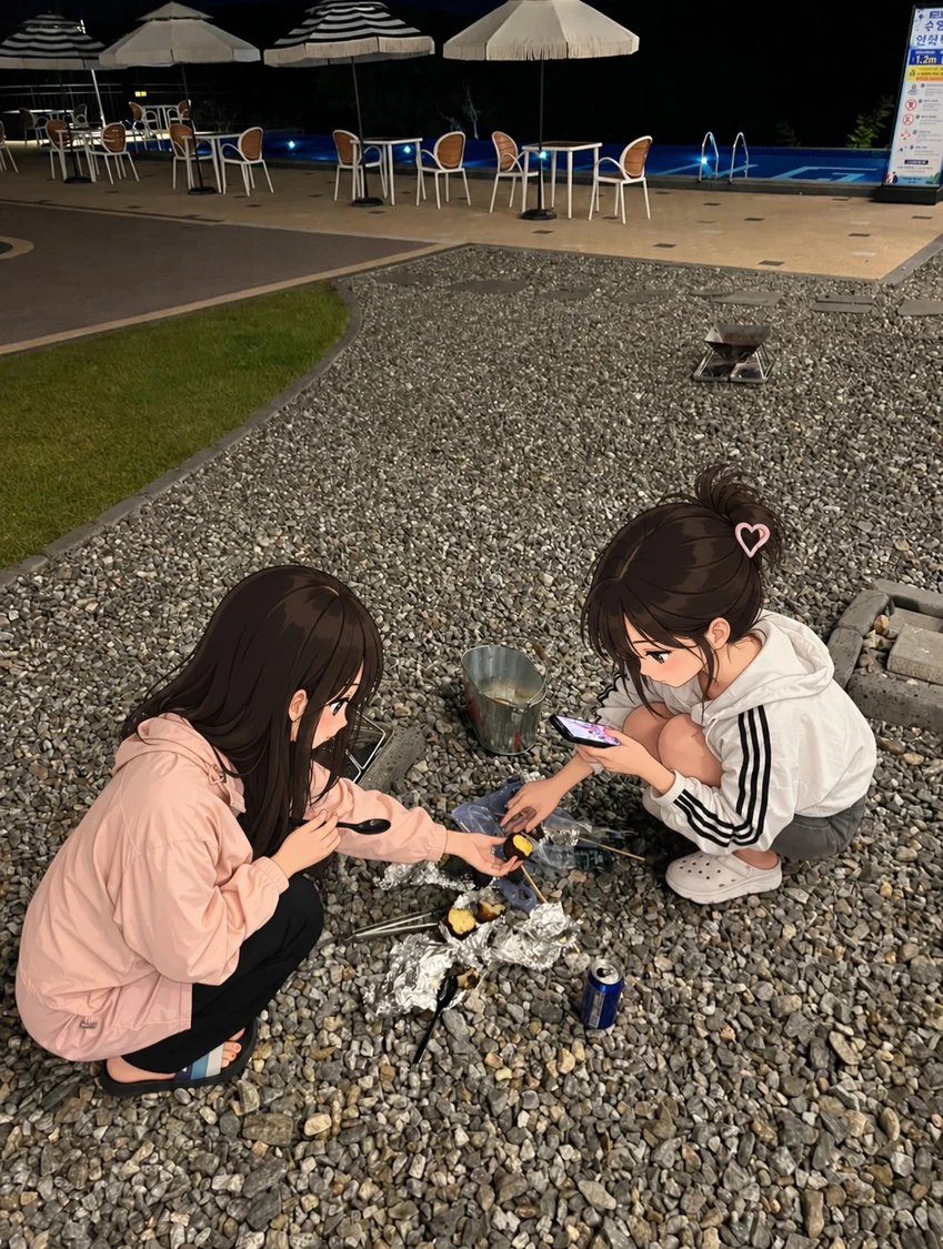 야외에서 함께 음식을 굽는 두 사람과 뒤편의 풀장